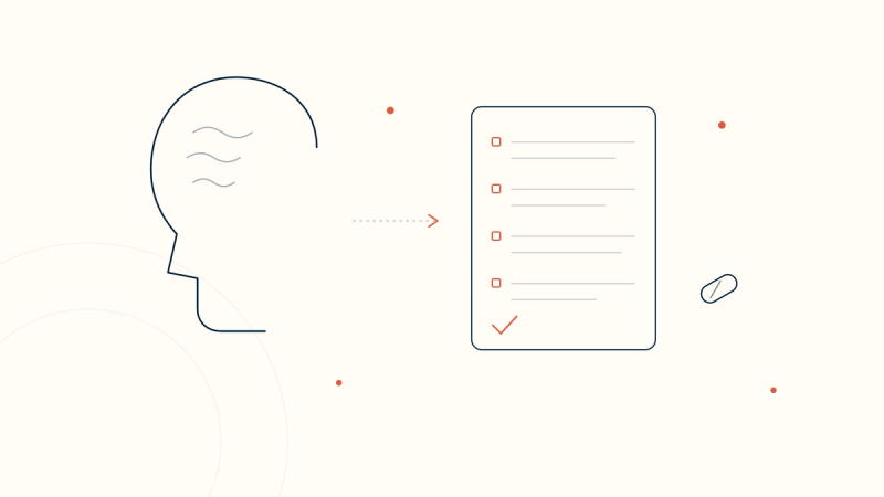 A head in profile with unstructured conversation lines flowing into a structured, sectioned psychiatric note with a signed check — an AI scribe for psychiatry.
