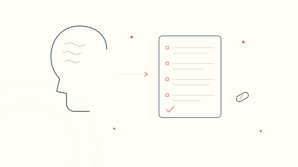 A head in profile with unstructured conversation lines flowing into a structured, sectioned psychiatric note with a signed check — an AI scribe for psychiatry.