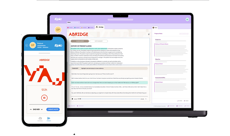 Abridge app on phone and laptop showing medical transcript, audio recording, and note generation features integrated with Epic EHR system.