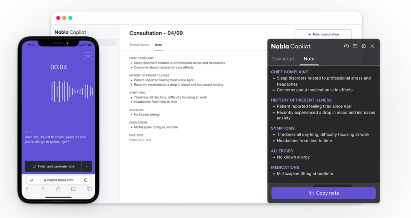 Nabla Copilot Ambient Listening App showing recorded audio, transcription, and AI-generated consultation notes with clinical sections.