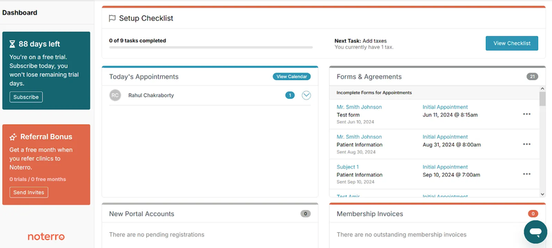 Noterro dashboard showing setup checklist, today's appointment, incomplete forms, and membership invoice status.