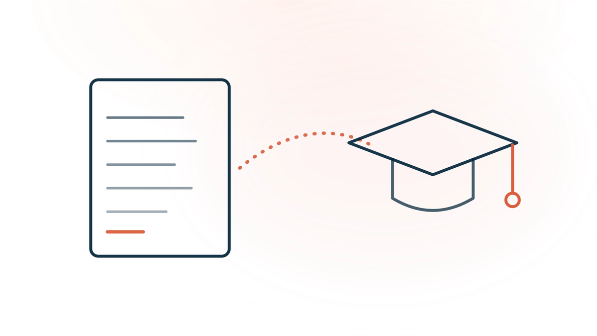AI scribes and medical students — a clinical note card linked by a dotted coral arc to a graduation cap, representing the educational role that note-writing has traditionally played.