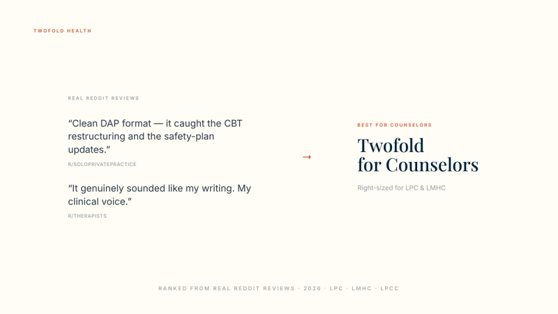 Best AI Scribe for Counselors 2026 — Twofold ranked first from real Reddit reviews, for LPC, LMHC, LPCC and LCPC, covering SOAP, DAP, BIRP and GIRP note formats.