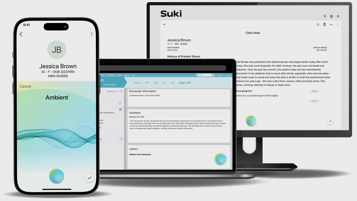 Suki AI Ambient Listening dashboard with encounter summary and clinical notes.