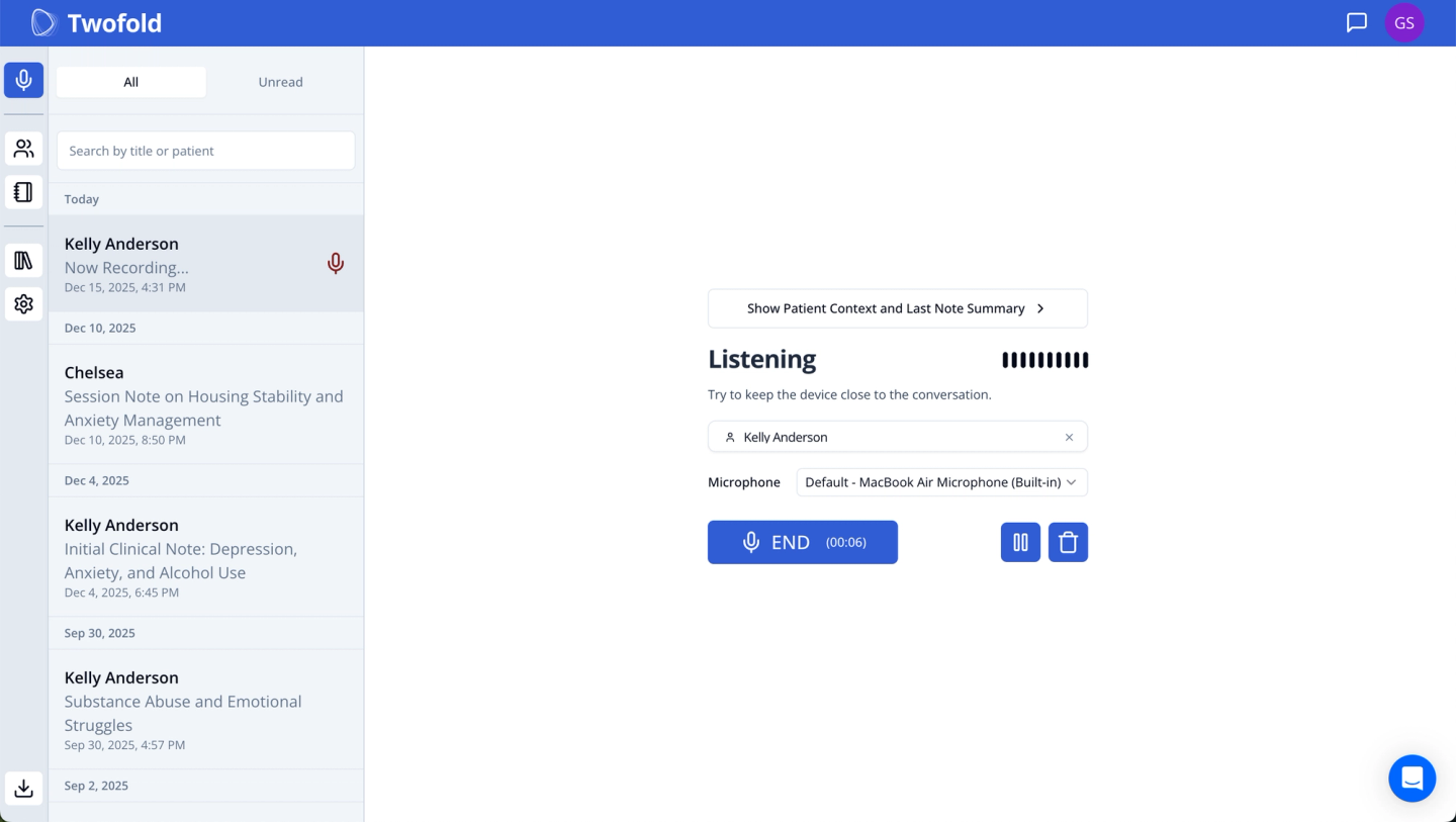 Twofold AI scribe interface showing live session recording in progress for a patient, with listening status, microphone controls, and past notes list.