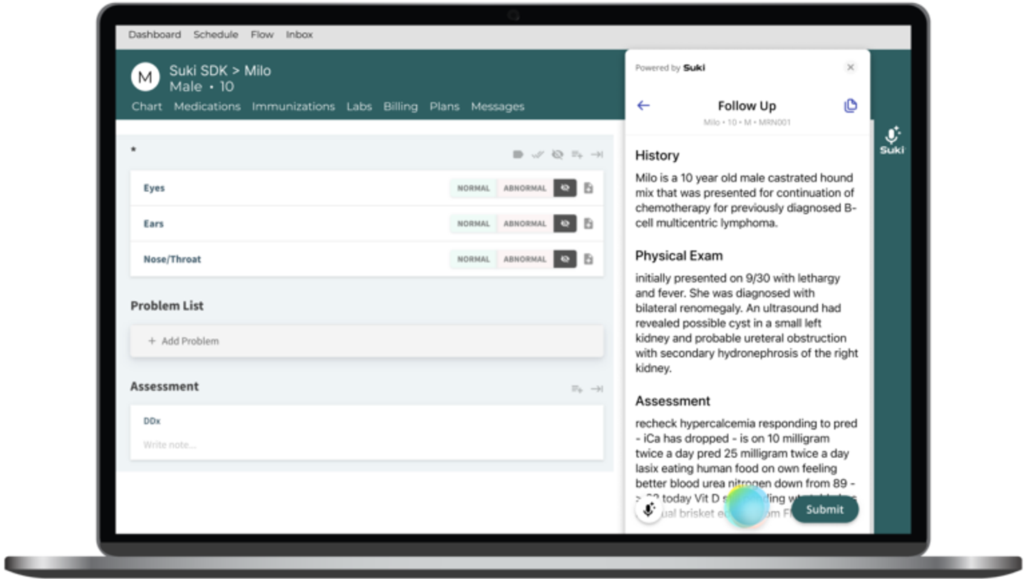 Suki AI dashboard integrated with the patient chart, displaying history, physical exam, and assessment notes.
