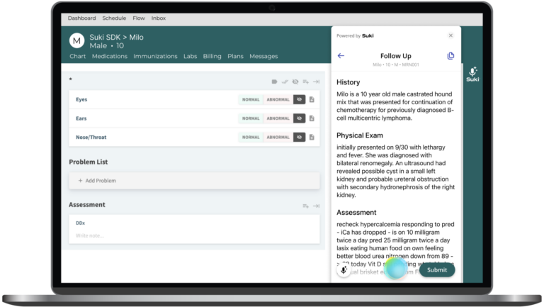 Suki AI dashboard integrated with the patient chart, displaying history, physical exam, and assessment notes.