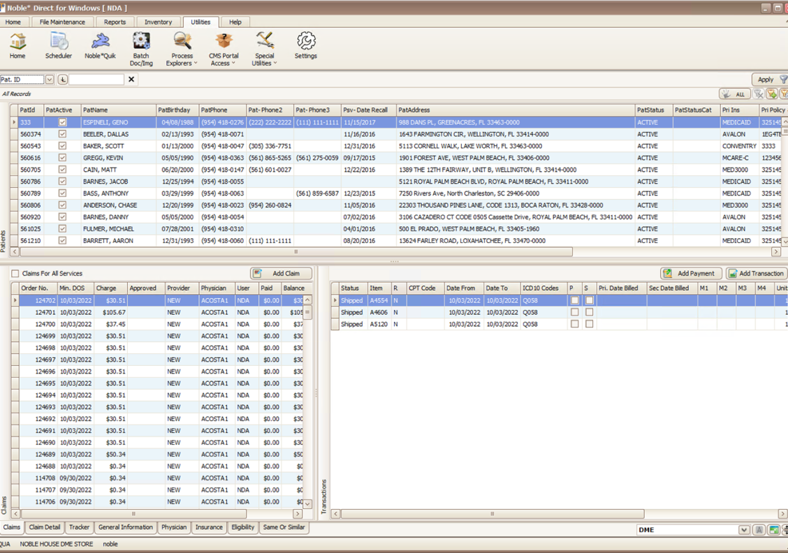 Noble Direct for Windows displaying a medical billing and patient management system with patient details, claims, payments, and insurance information in a structured interface.