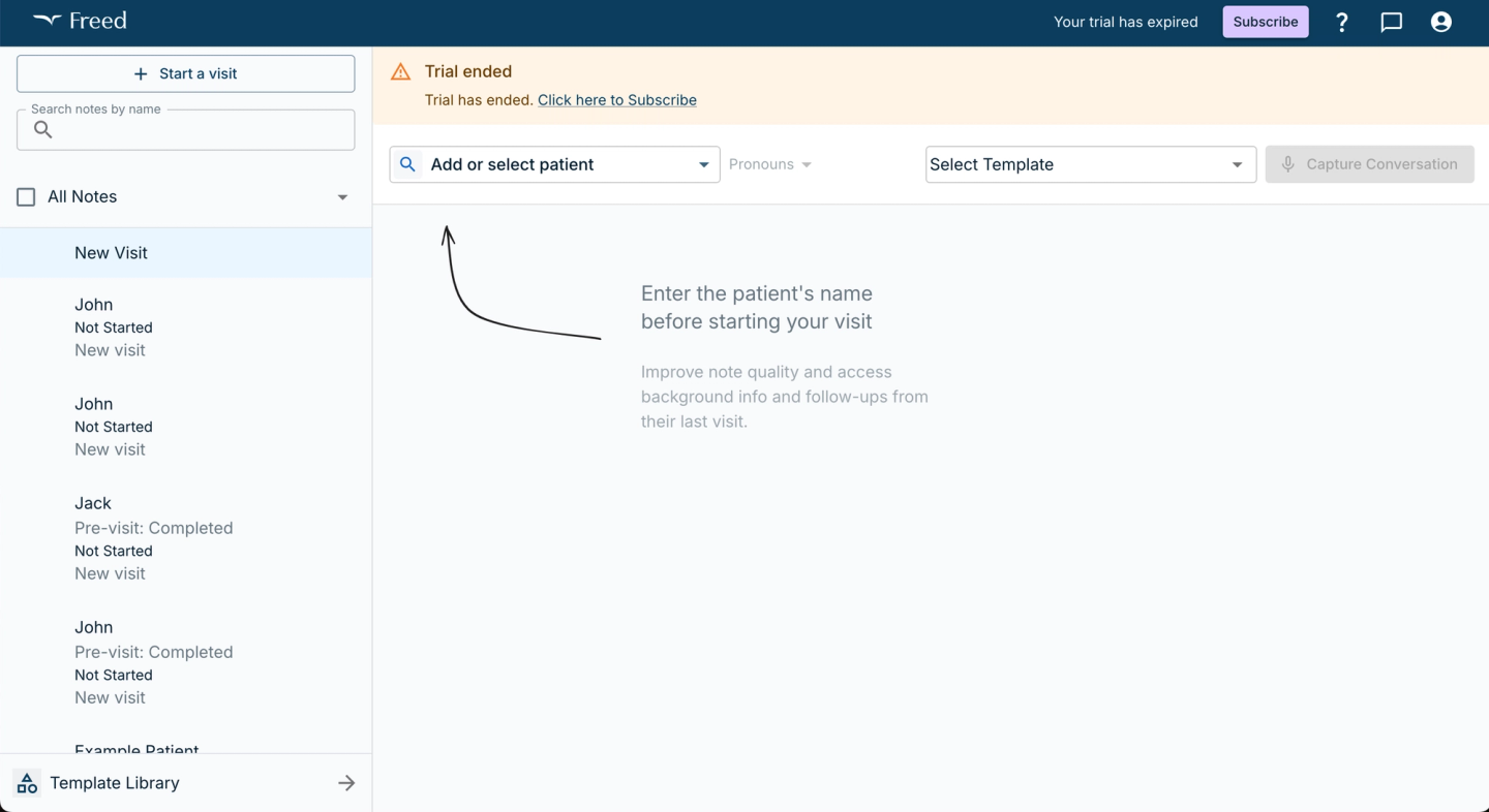 Freed dashboard showing the patient visit list, and a prompt to select a patient before starting or capturing a clinical note.