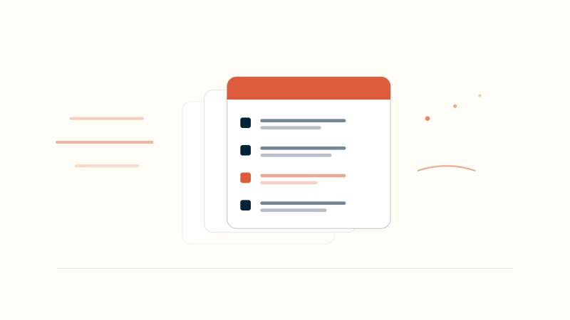 Abstract illustration of high-volume clinical documentation: a fast-moving stack of structured SOAP note cards, each with labeled section rows and one row accented in coral.