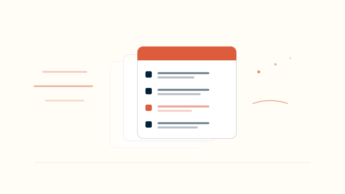 Abstract illustration of high-volume clinical documentation: a fast-moving stack of structured SOAP note cards, each with labeled section rows and one row accented in coral.