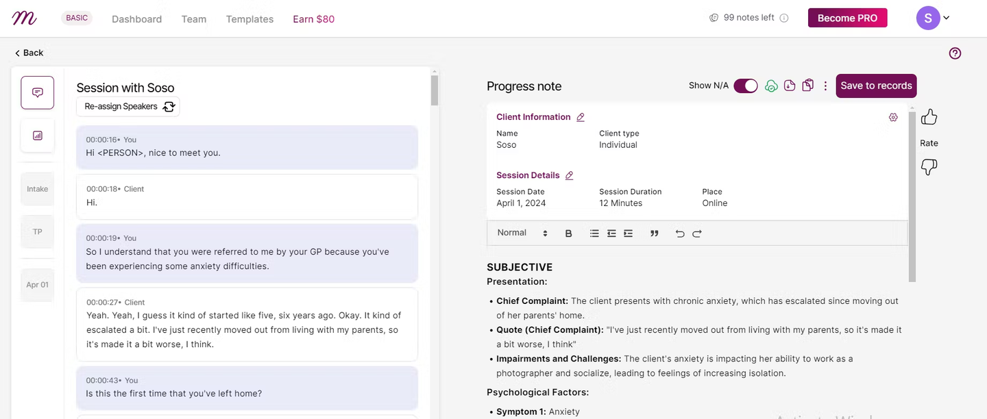 Mentalyc session with client “Soso” showing transcript and AI-generated progress note for anxiety, based on a 12-minute online session