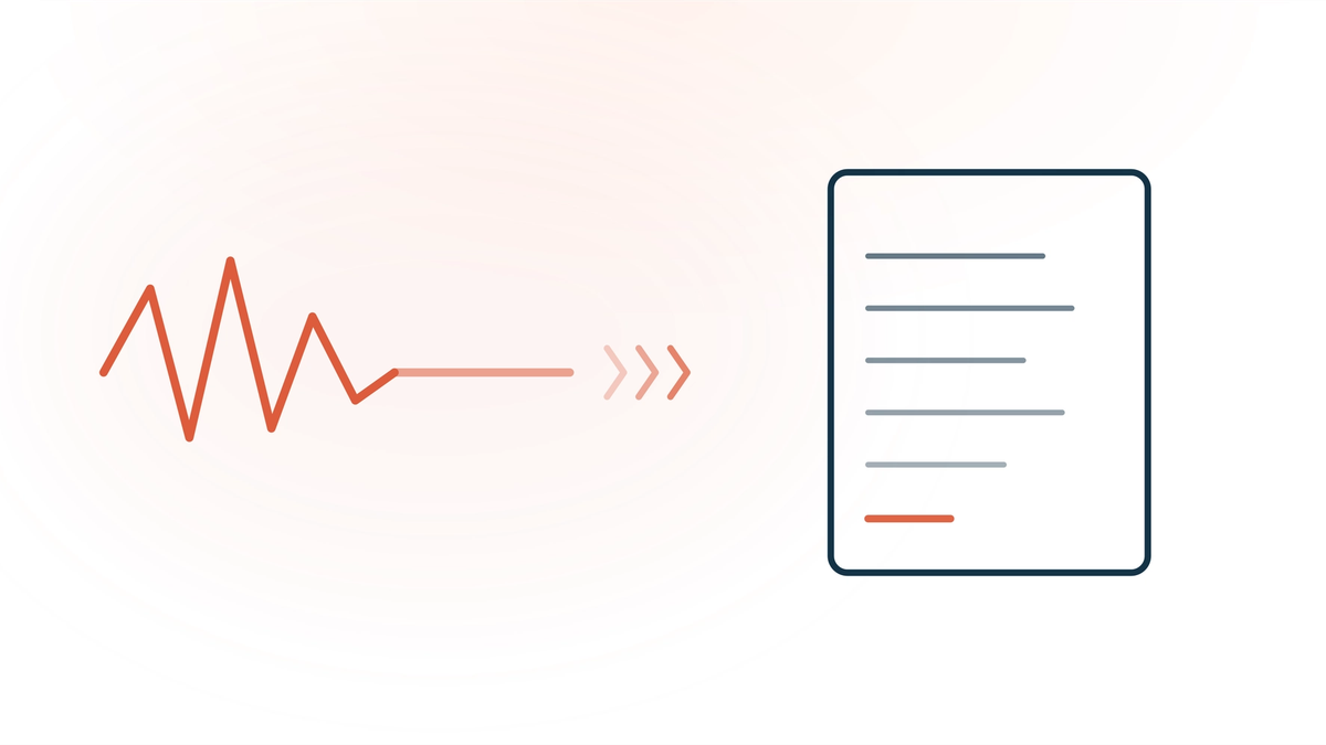 Documenting an angry patient encounter — a jagged coral spike settling into a flat line and flowing into an ordered clinical note card, representing translating emotional escalation into objective behavioural description.