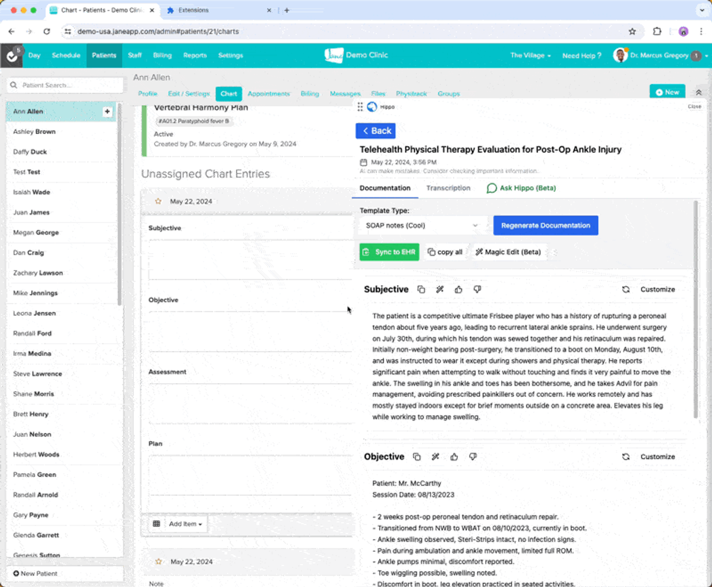 Hippo scribe showing patient chart with SOAP notes, auto-generated documentation, and options to sync to EHR or regenerate with AI tools.