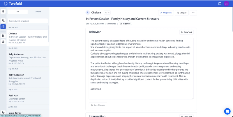 Twofold Best AI therapy charting software