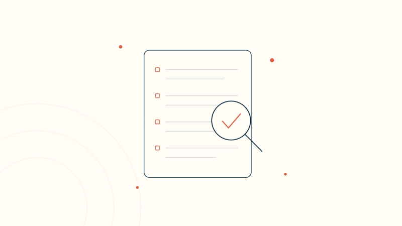 A clinical SOAP note reviewed under a magnifying glass with a checkmark — quality assurance of an AI-generated note.