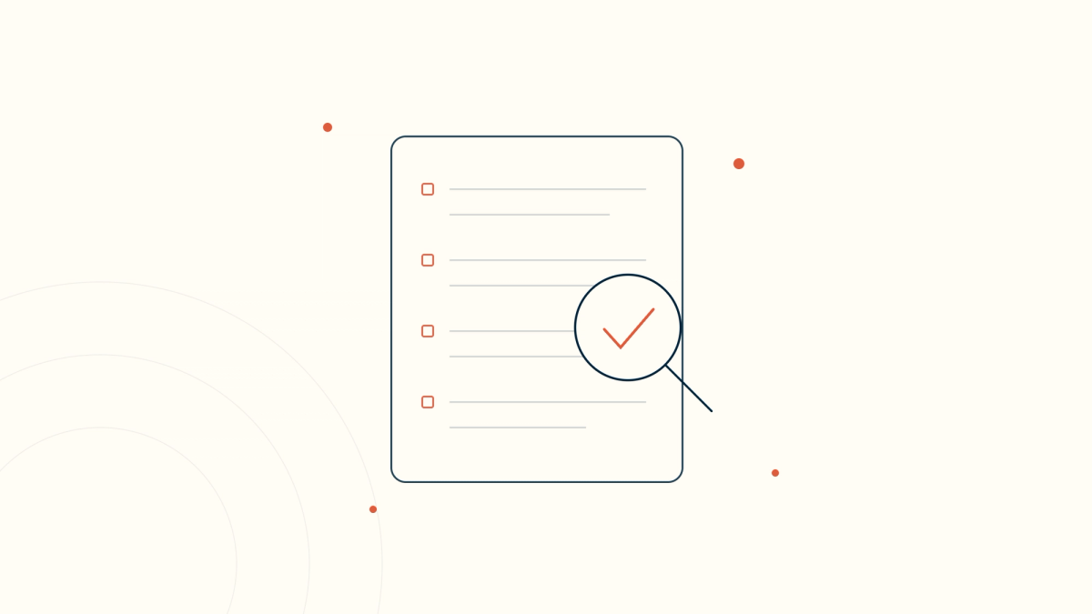 A clinical SOAP note reviewed under a magnifying glass with a checkmark — quality assurance of an AI-generated note.