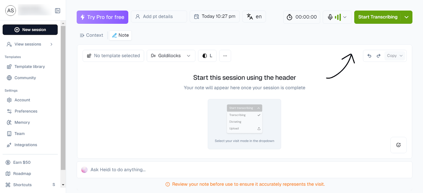 Heidi's interface showing a session setup page. It includes options for note-taking, transcribing, dictating, and uploading, with a "Start Transcribing" button highlighted