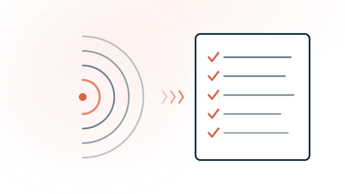 Choosing ambient AI documentation for a solo practice — concentric ambient sound waves beside a checklist note card with coral checkmarks, representing evaluating ambient AI scribe tools against solo-practice criteria.