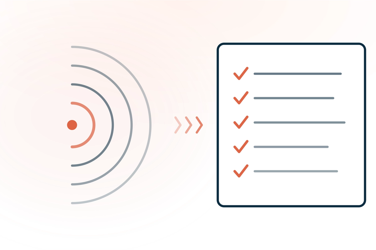 Choosing ambient AI documentation for a solo practice — concentric ambient sound waves beside a checklist note card with coral checkmarks, representing evaluating ambient AI scribe tools against solo-practice criteria.