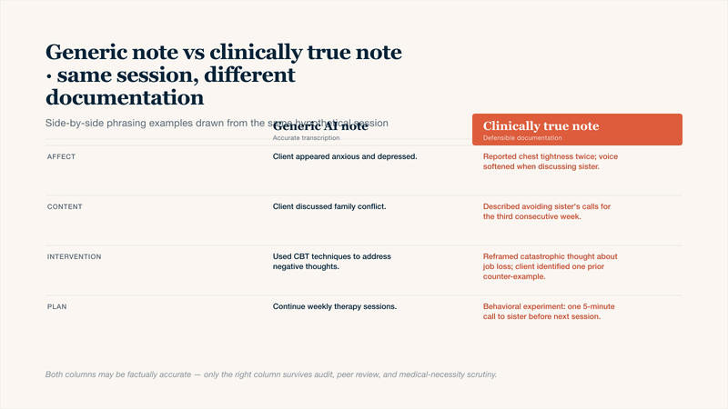 Comparison table showing four pairs of AI therapy note examples — generic, transcription-style entries on the left versus clinically true, defensible entries on the right — across affect, content, intervention, and plan sections. Each row demonstrates the difference between accurate-but-generic AI documentation and notes with patient-specific language, behavioral anchors, and concrete clinical reasoning.