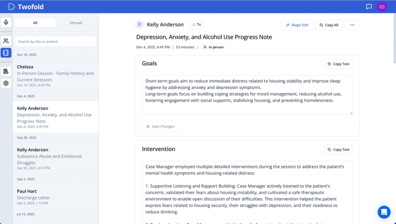 Twofold Best AI Dictation for Therapists Dashboard