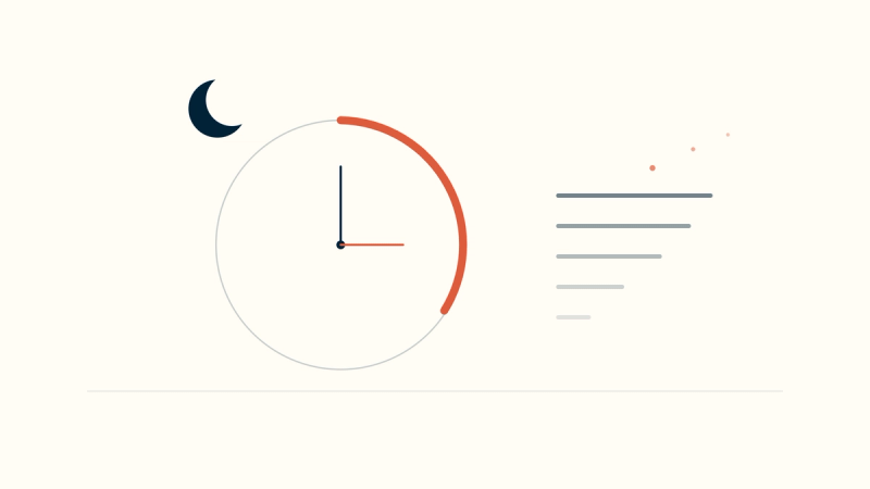 An abstract evening motif: a clock ring with a coral arc marking time reclaimed, a crescent moon, and note lines dissolving into open space.