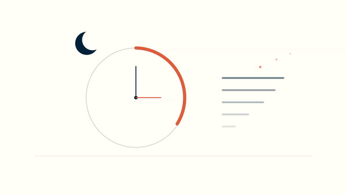 An abstract evening motif: a clock ring with a coral arc marking time reclaimed, a crescent moon, and note lines dissolving into open space.