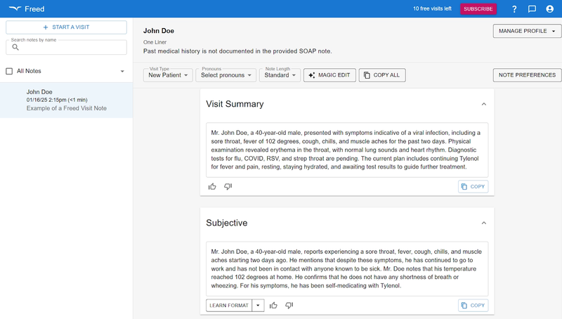Freed AI app's visit note for John Doe detailing viral infection symptoms, physical exam findings, pending tests, and self-care with Tylenol.