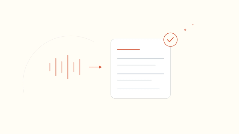 A spoken conversation transforming into a structured clinical note marked approved in coral — turning dialogue into a billable SOAP note.