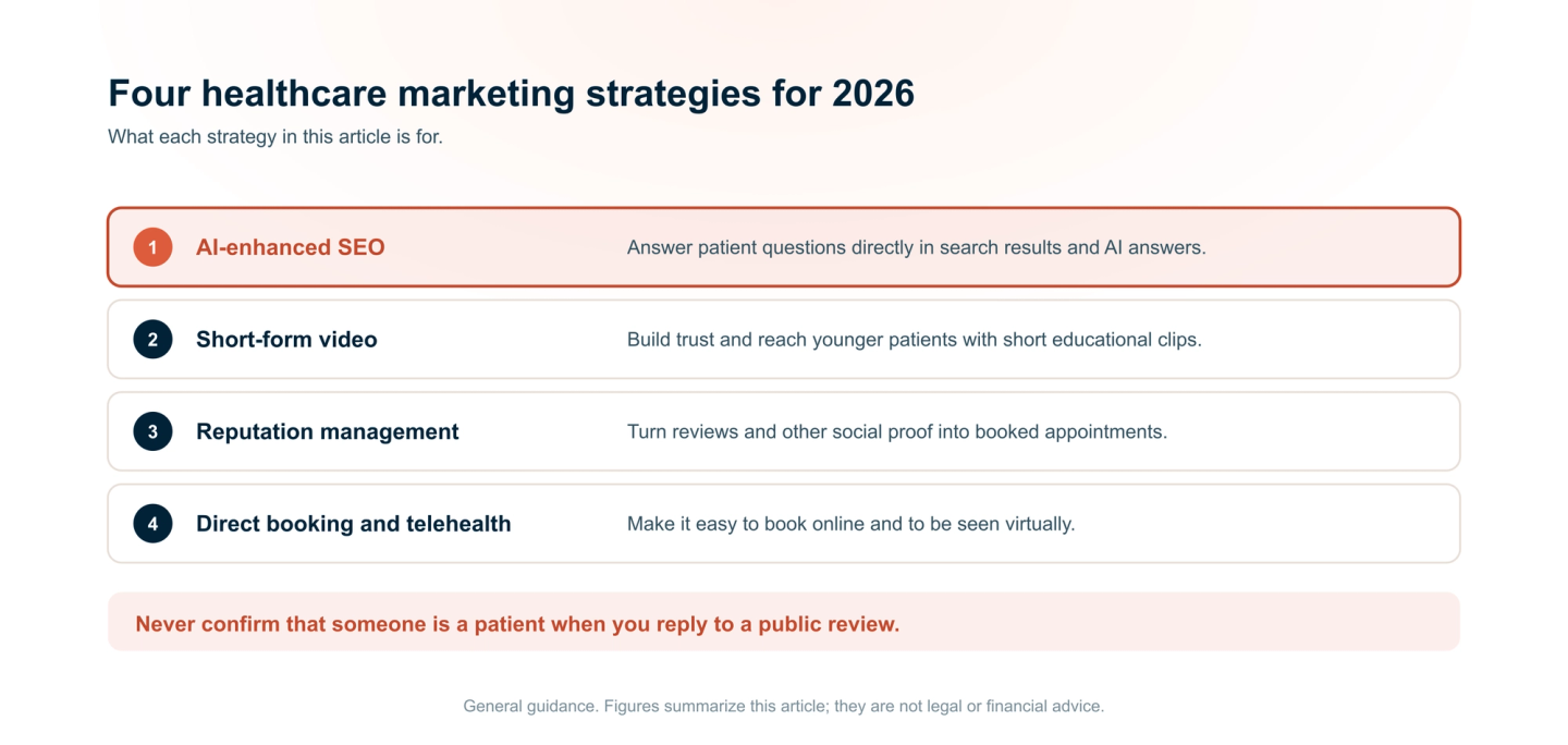 Four healthcare marketing strategies for 2026: AI-enhanced SEO to answer patient questions in search results and AI answers, short-form video to build trust with educational clips, reputation management to turn reviews into booked appointments, and direct booking and telehealth to make access easy. Never confirm that someone is a patient when replying to a public review.