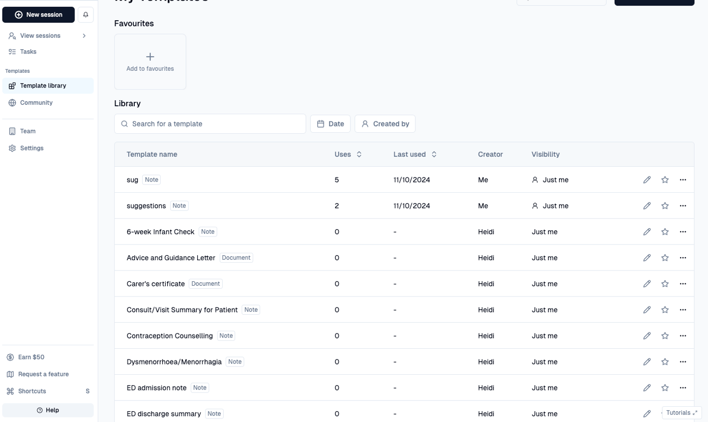 Heidi Health AI scribe showing template library dashboard with a list of medical note and document templates.