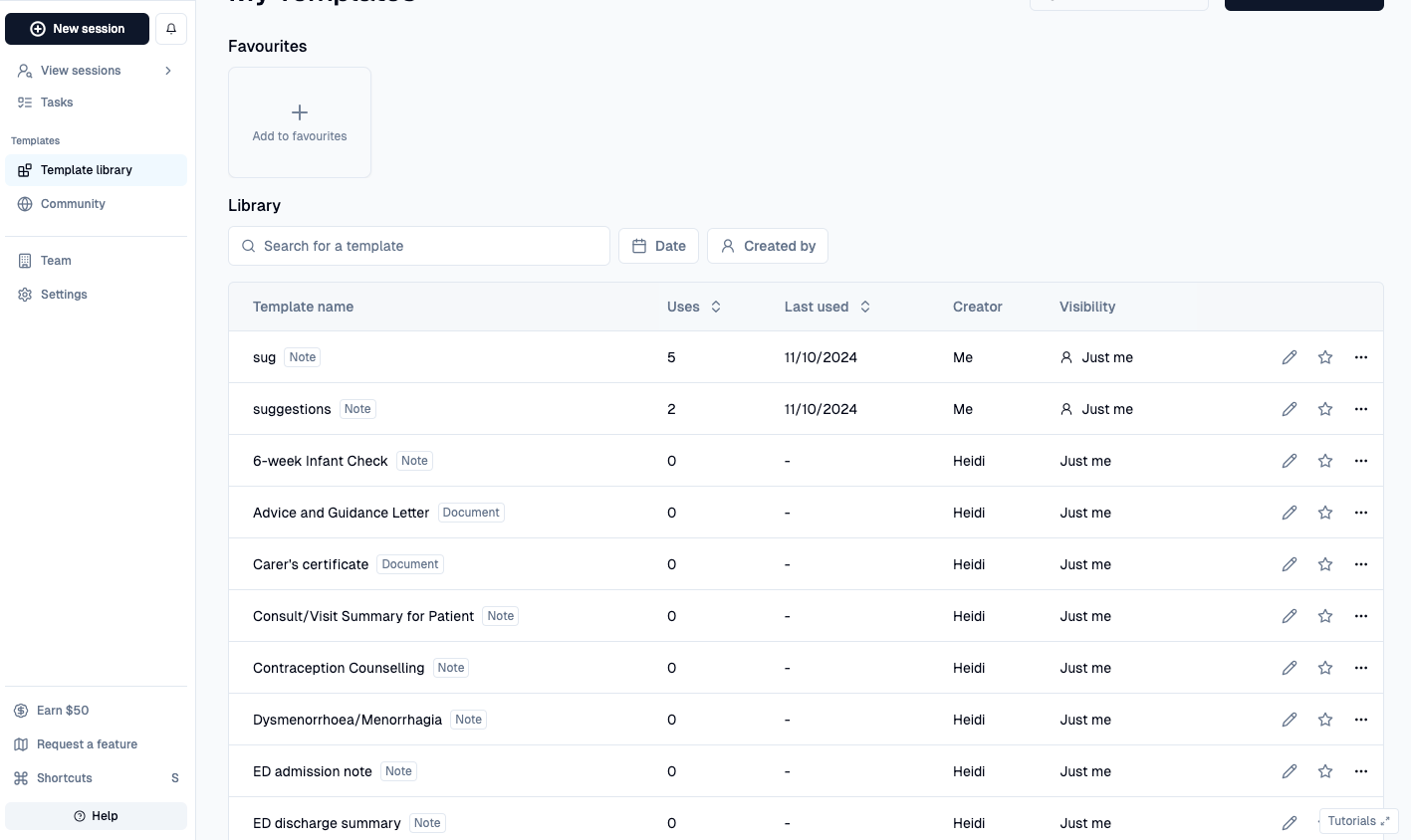 Heidi Health AI scribe showing template library dashboard with a list of medical note and document templates.