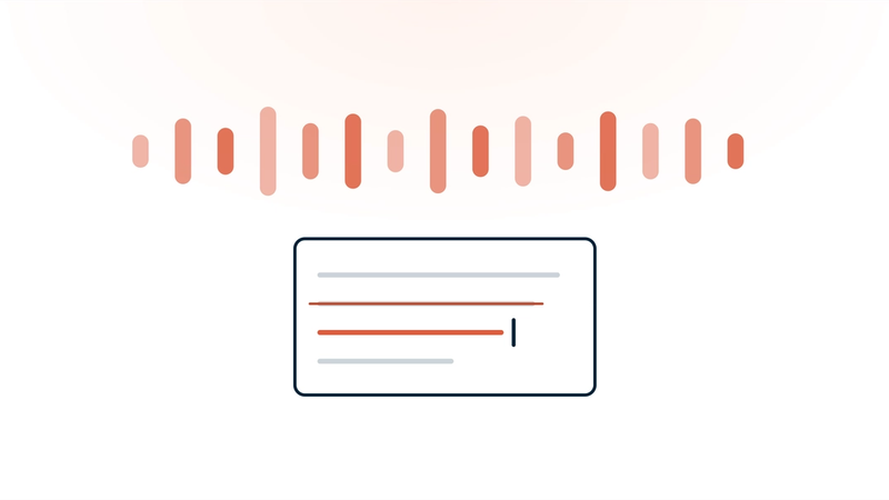 An unbroken conversation waveform running across the frame, with a note below it where one line is struck through and replaced.