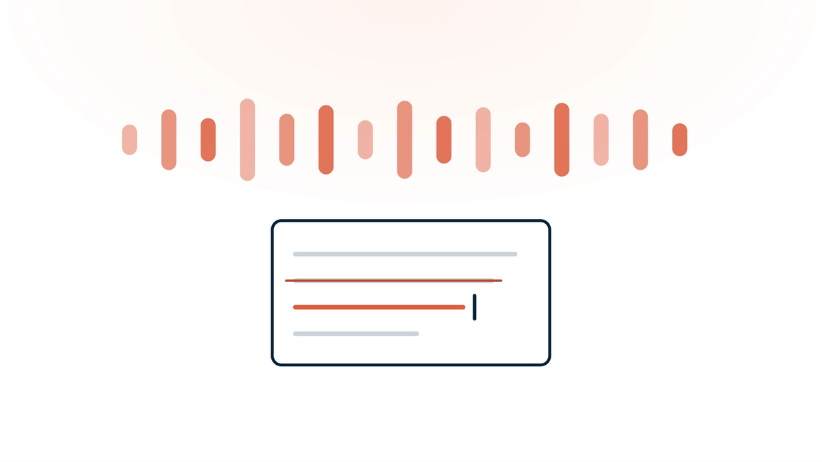 An unbroken conversation waveform running across the frame, with a note below it where one line is struck through and replaced.