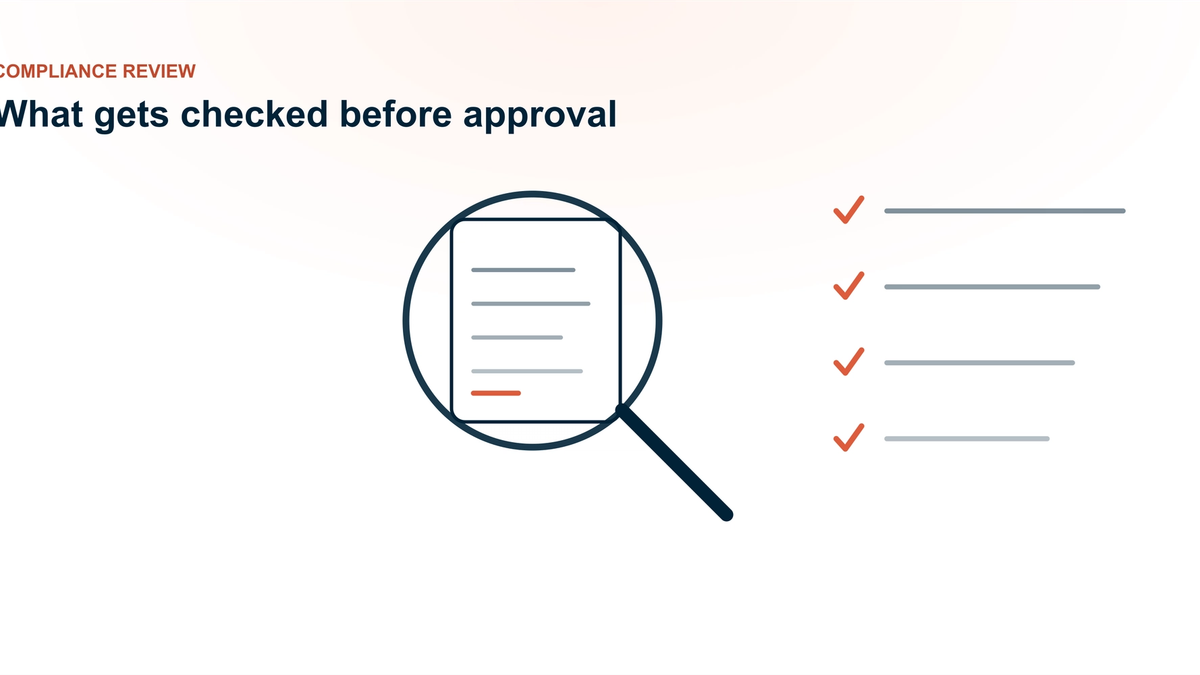 How compliance teams evaluate AI notes tools — a magnifying glass examining a clinical note over a compliance checklist with coral check marks, representing pre-approval review.