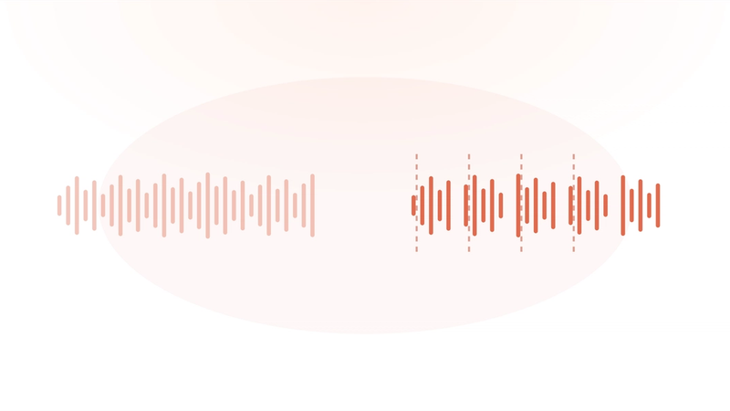 Unstructured continuous speech on the left becoming clearly segmented and marked speech on the right, representing structured verbal habits when dictating to an AI scribe.