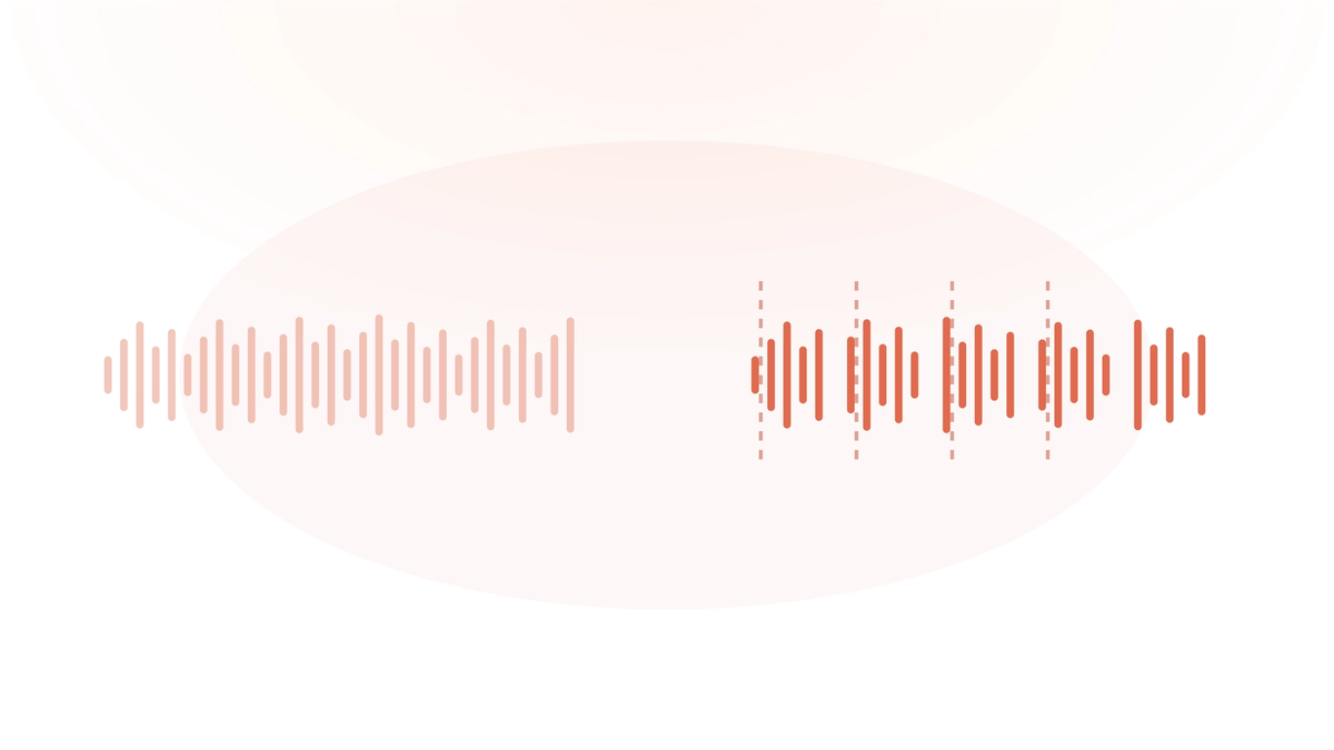 Unstructured continuous speech on the left becoming clearly segmented and marked speech on the right, representing structured verbal habits when dictating to an AI scribe.