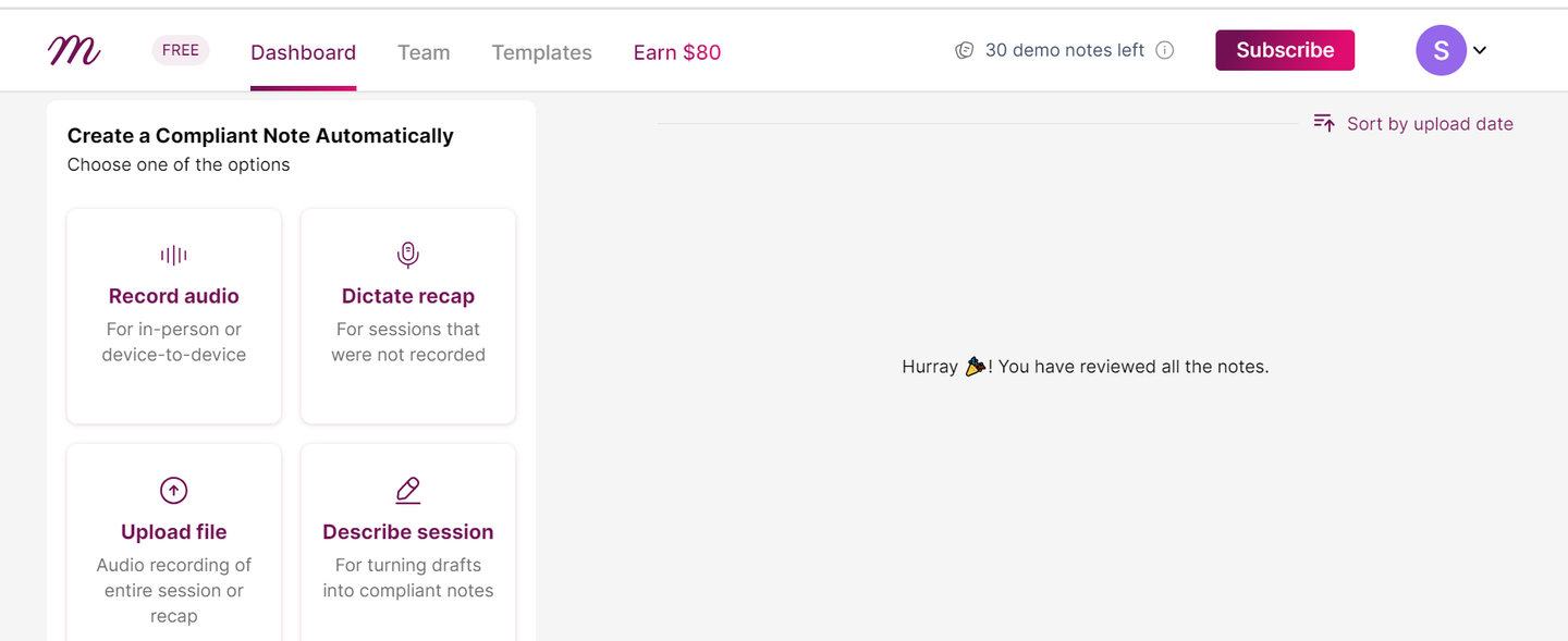 Mentalyc dashboard with options to record, dictate, upload, or describe sessions for creating compliant therapy notes.