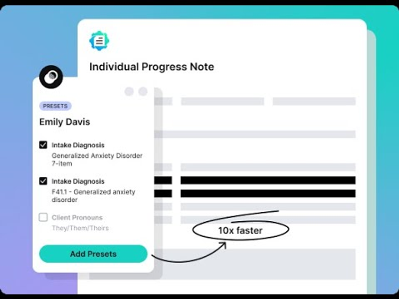 Illustration of an Individual Progress Note using presets for intake diagnosis, highlighting faster documentation with a “10x faster” label in Autonotes AI.