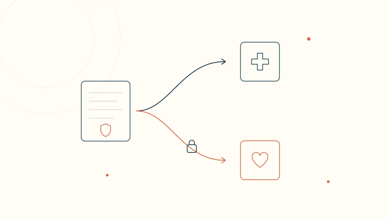 A HIPAA document splitting into two paths: one to general medicine and one, marked with a lock, to mental health — where AI-note requirements diverge.