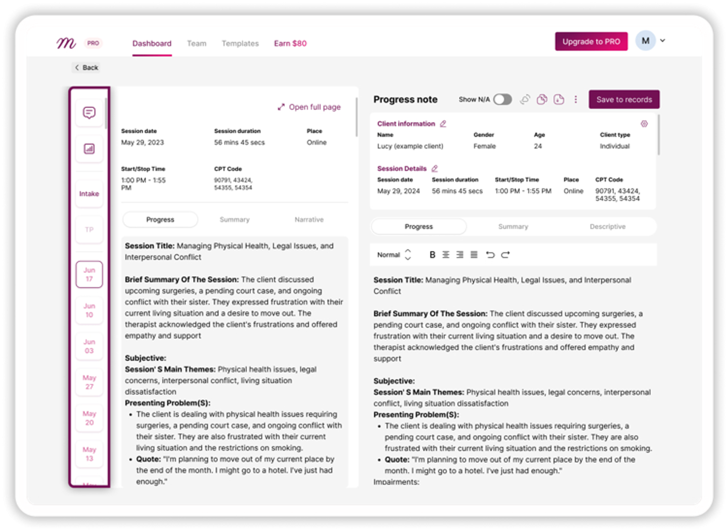 Mentalyc platform displaying a progress note for a client session. It includes session details, client information, presenting problems, and a summary of the discussion.