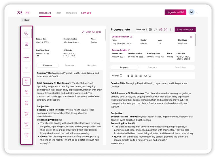 Mentalyc platform displaying a progress note for a client session. It includes session details, client information, presenting problems, and a summary of the discussion.