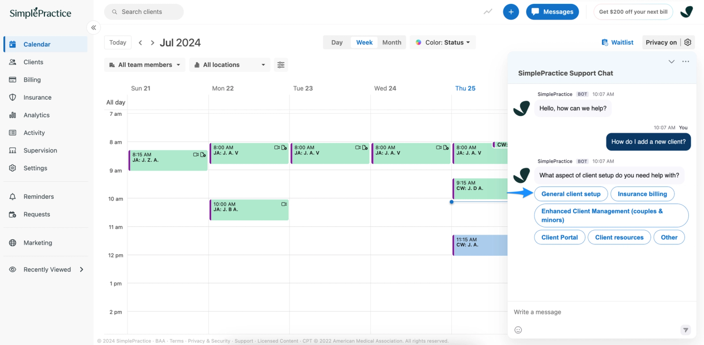 SimplePractice interface displaying a calendar view for July 2024 with scheduled appointments and a support chat window assisting with client setup options.