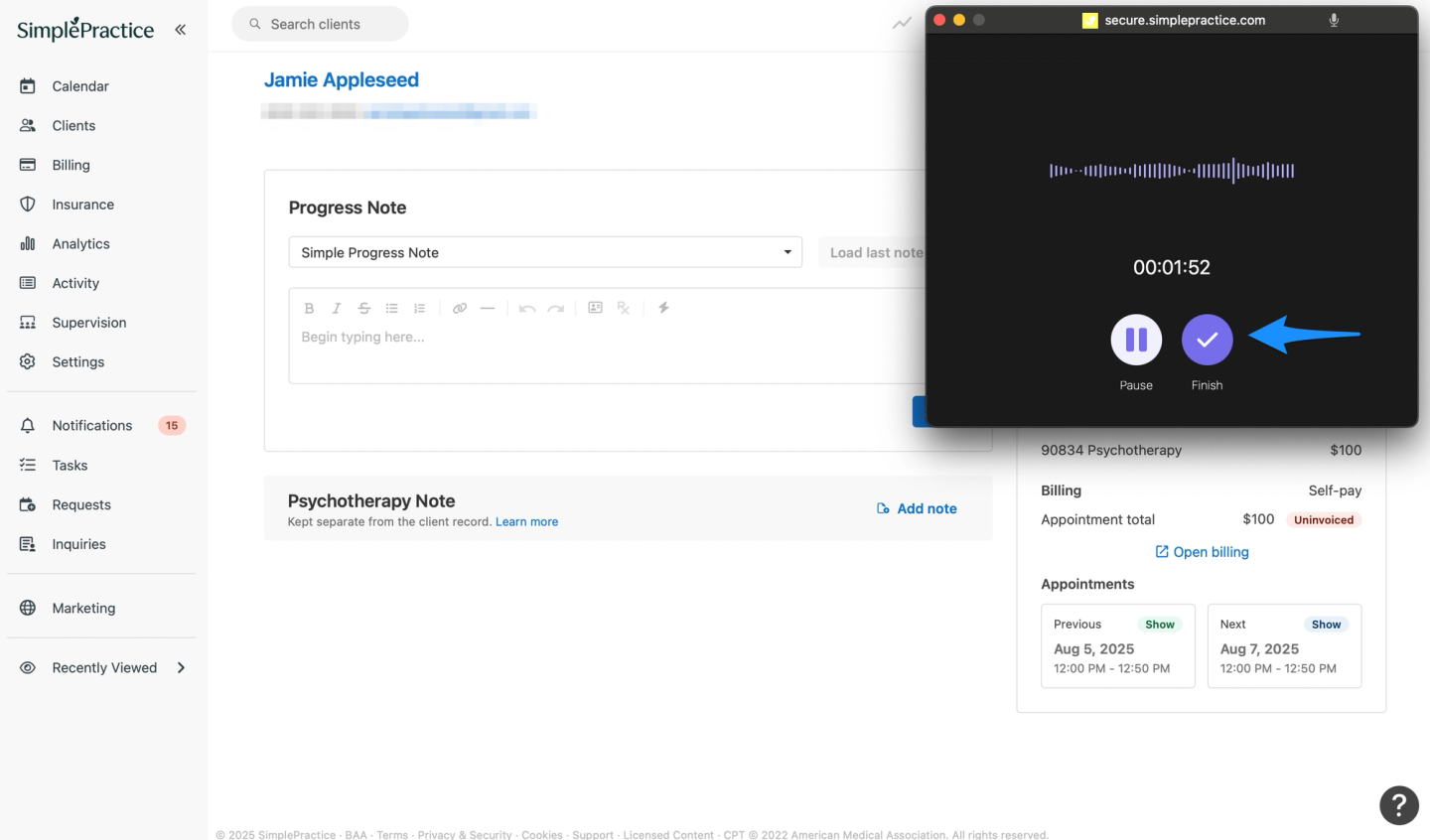 SimplePractice Note Taker with an audio recording overlay.