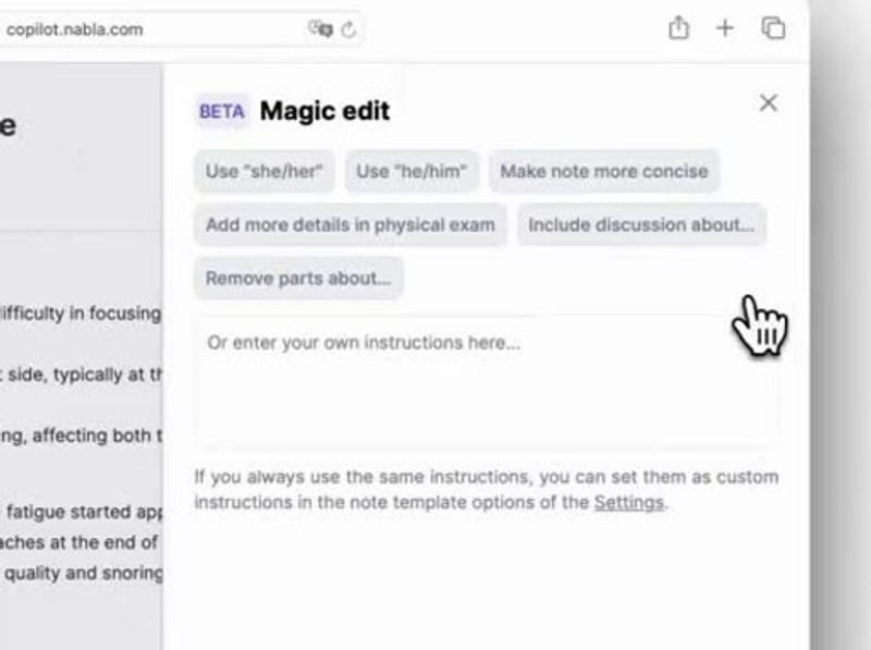Nabla Copilot's Magic Edit feature showing editable options like pronouns, note conciseness, and adding or removing clinical content.