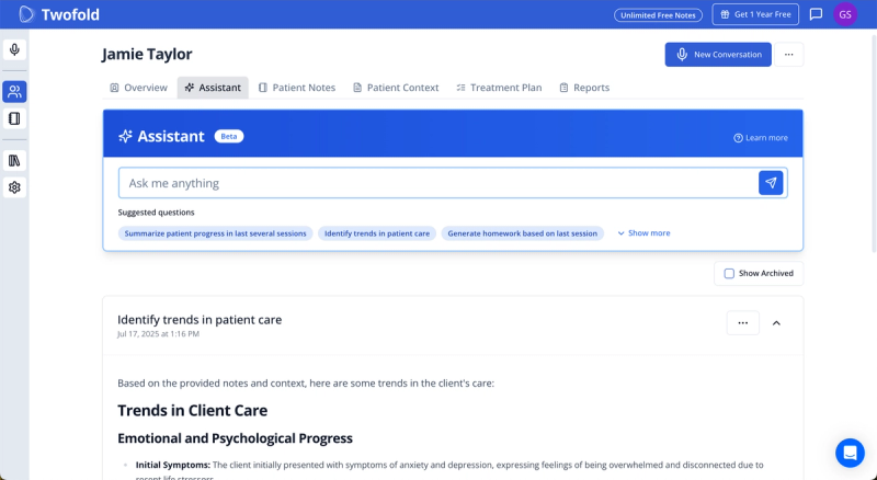 Twofold Health Assistant view showing AI-generated analysis of patient trends for Jamie Taylor, with emotional and psychological progress summary.