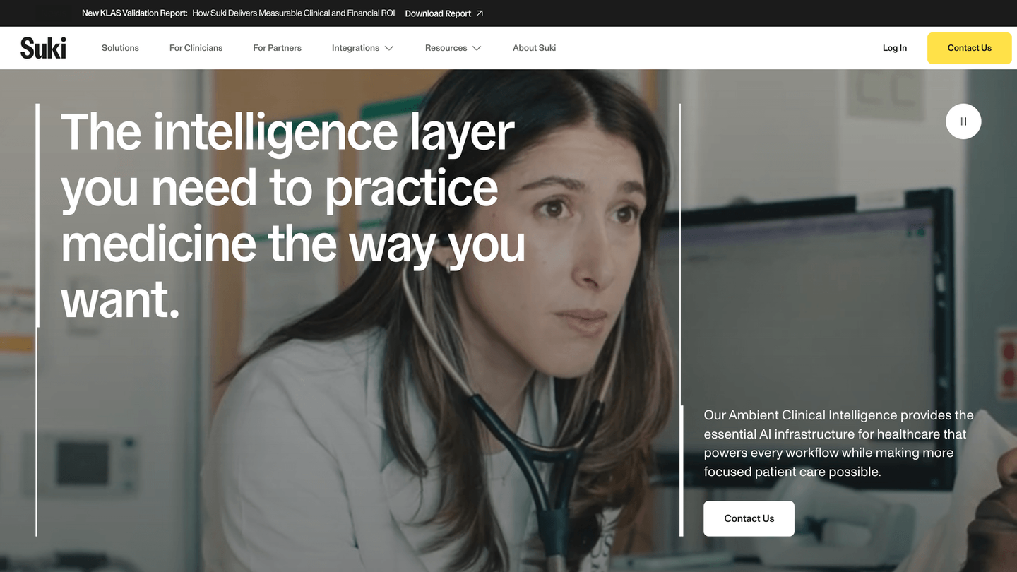 Suki AI homepage screenshot from suki.ai. Captured here as editorial reference for the Suki AI AI scribe in the outpatient comparison.