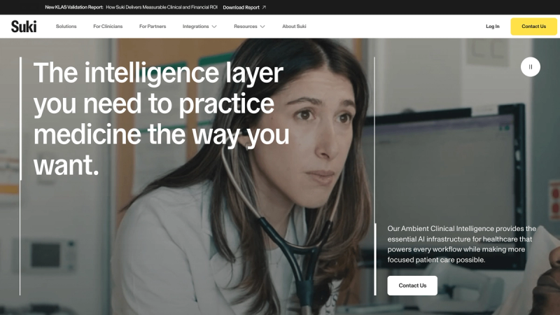 Suki AI homepage screenshot from suki.ai. Captured here as editorial reference for the Suki AI AI scribe in the outpatient comparison.