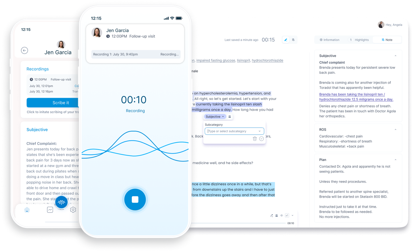 DeepScribe interface on mobile and desktop showing live recording, transcription, and AI-generated clinical notes for a follow-up visit.